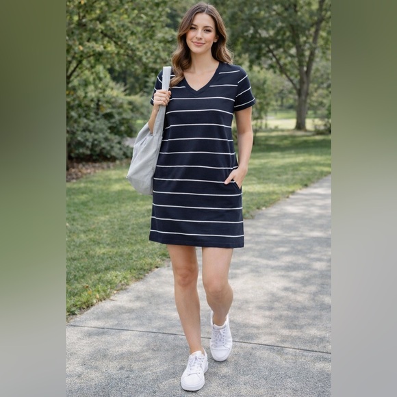 C&C California Dresses & Skirts - C&C California Dark Blue V-Neck dress with White Stripes